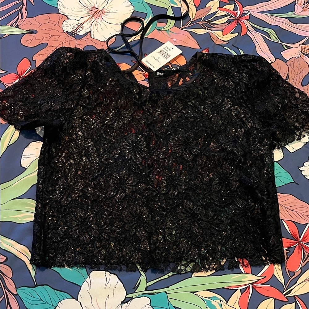 Black lace shiny short sleeve crop new